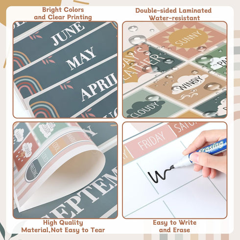 Modern Boho Calendar Bulletin Board Set for Classroom Decoration Rainbow Calendar Seasons Weather Chart Boho CTP Bulletin Board Paper-Cuts for Tea...