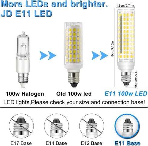E11 LED Bulb Dimmable, JDE11 120V 100W Halogen Equivalent, 10W 1000 Lumen T3/T4 Mini Candelabra Base, E11 Bulbs for Ceiling Fan, Cabinet Lighting,...