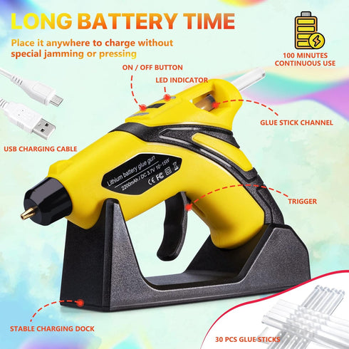 Cordless Fast Preheating Hot Glue Gun Kit with 30PCS Glue Sticks (7mmx150mm), USB Rechargeable & Smart Power-Off Cordless Hot Melt Glue Gun for Qu...