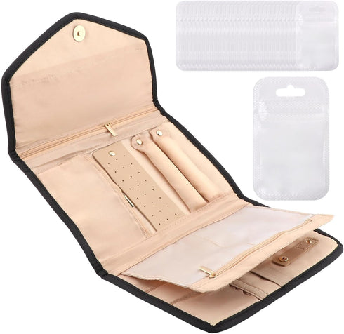 Jewelry Travel Organizer Roll with Multiple Compartments and Pockets Foldable Jewelry Storage Roll for Earrings, Necklaces, Rings, Bracelets, Broo...