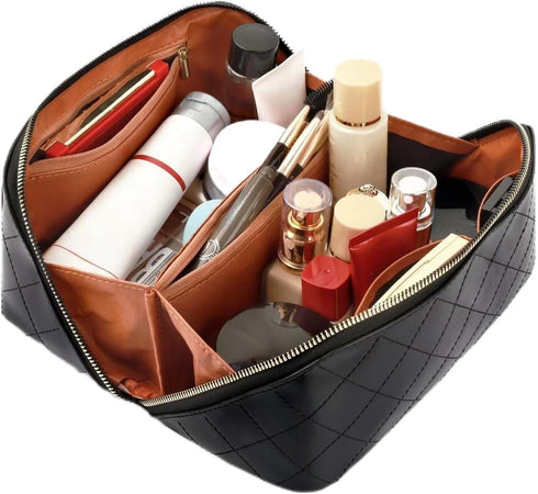 Travel Makeup Bag, 4L Large Capacity Cosmetic Bags for Women and Girls, Portable Makeup Organizer with Divider and Handle, PU Leather Waterproof M...