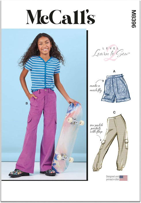 McCall's Learn Girls' Shorts and Cargo Pants Sewing Pattern Packet, Design Code M8396, Sizes 7-8-10-12-14, Multicolor...
