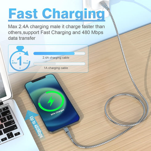 Apple MFi Certified iPhone Metal Braided Charger Cord 6.6Ft Heavy Duty iPhone Fast Charging Cable 304 Stainless Steel Lightning Cable Pet Chew Pro...