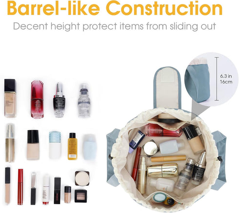 Barrel Drawstring Makeup Bag Large Cosmetic Bag Make up Bags Toiletry Organizer for Women (Greyish Blue) (Patent Pending)...