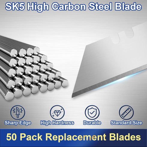 JETMORE Utility Knife Blades, 50 Pack Box Cutter Blades, SK5 High Carbon Steel Utility Blades, Standard Size Blades for Box Cutter, Sharp Box Cutt...