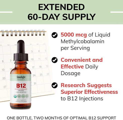 Organic Vitamin B12 Sublingual Drops, Extra Strength 5000 mcg Methylcobalamin, No Additives, Vegan Liquid B12 – Supports Energy Production, Nervou...