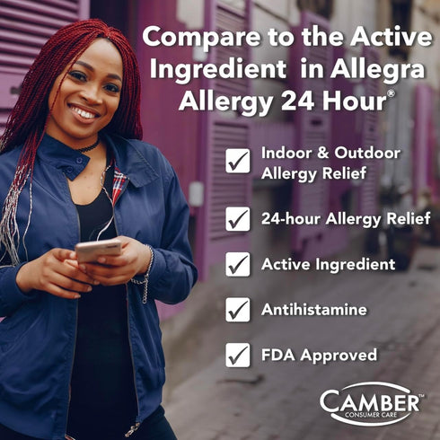 Camber Fexofenadine Antihistamine Non-Drowsy Indoor Outdoor 24hrs Allergy Relief Medicine 100 Tablets...