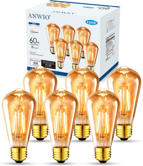 ANWIO Vintage Edison Light Bulb ST21 LED Filament Bulb 7W(60 Watt Equivalent) Dimmable 2500K (Amber Glow) Warm White E26 Medium Base, Amber Glass ...