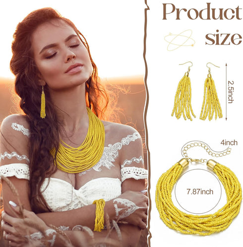 3 Pcs Multi Strand Beaded Statement Necklace Set Include Multi Layer Seed Beads Necklace Yellow Beaded Bracelet Handmade Beaded Tassel Earrings fo...