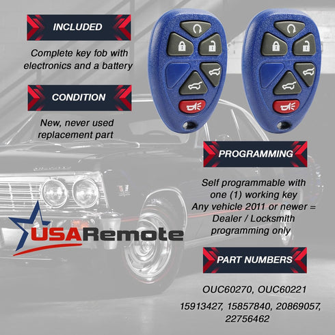 Key Fob Keyless Entry Remote fits 2007-2014 Chevy Tahoe Suburban / Cadillac Escalade / GMC Yukon (Blue), Set of 2...
