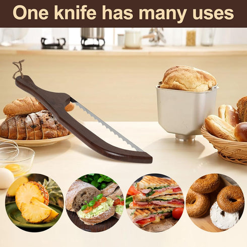 Wiz&Quirkz Bread Bow Knife with Cover and Wood Sourdough Spatula, Walnut Handle Stainless Steel Serrated Bread Knife for Homemade Bread, Long Brea...