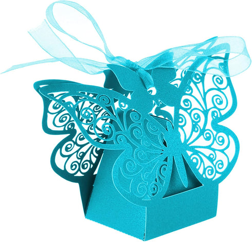 50 Pieces Butterfly Laser Cut Favor Boxes DIY Wedding Birthday Gift Candy Boxes with Ribbons (Skyblue)...