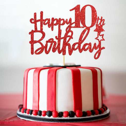 Red Glitter Happy 10th Birthday Cake Topper - Ten Sign Cake Topper - Cheers to 10 Years Party Supplies - 10th Birthday Party Decorations...
