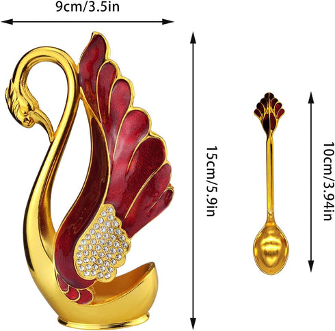Swan Base Holder with 6pcs Coffee Dessert Dinner Spoon Set, Metal Coffee Spoon Organizer Teaspoon Fruit Dessert Flatware Sugar Ice Cream Spoons (R...