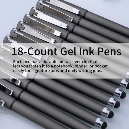 0.7mm Black Ink Gel Ink Rollerball Pens 2 in 1 Medium Point Pens with Stylus Work Pen Smooth Writing for Office Black gel pen (Dark Grey-18pack).....
