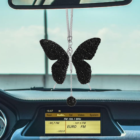 Butterfly Car Hanging Ornament, Elegant Rhinestone Car Mirror Charm Aesthetic Car Pendant for Rear View Mirror for Women (Black)...