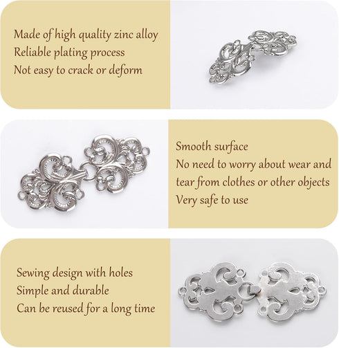 WANDIC Cloak Clasp Fasteners, 2 Pairs Vintage Cape Clasps Swirl Flower Fasteners Clasps for Clothing Sew on Hooks and Eyes, Silver...