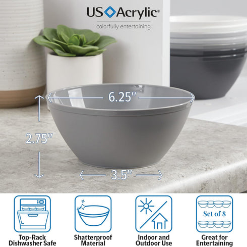 US Acrylic Unbreakable 28 oz. Plastic Stackable Cereal Bowls for Snacks & Ice Cream in Grey Colors (Set of 8) 6-inch Reusable, BPA-Free, Made in t...