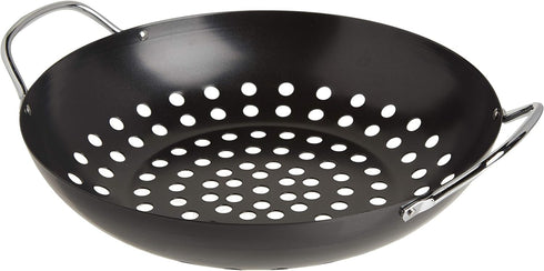 TableCraft BBQ Metal Handle 13-Inch Non Stick Coating Round Grilling Wok, Small, Black...