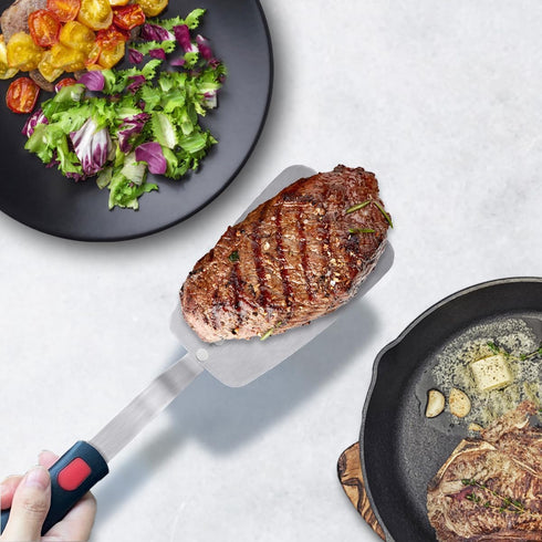 Stainless Steel Flexible Spatula Solid Turner, XiaoZu Thin Metal Spatula for Cast Iron Skillet, Thin Blade and Heat Resistant Silicone Handle, Gre...