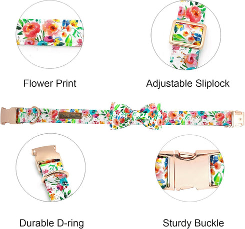Dog Collar Flowers Print Pet Collar Soft Cute Dog Collar with Bow Tie Adjustable Metal Buckle Collar Gift Collar for X-Large Dogs...