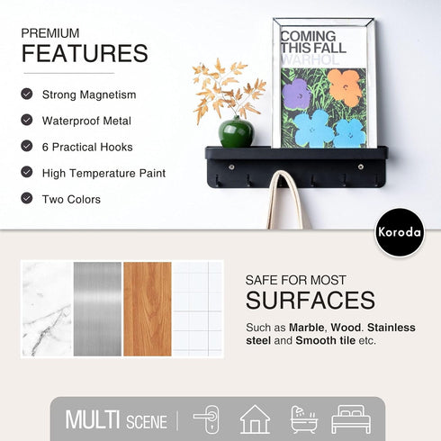 Decorative Key and Leash Holder for Wall Black 6 Pcs Key Hook with Shelf Stainless Steel Wall Mount Mail Holder and House Key Holder Modern Key Ho...