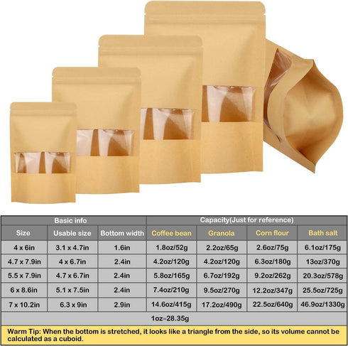 Blisstime 50 Pack Kraft Stand Up Zip Lock Pouch Bags, Resealable Bag with Transparent Window and Tear Notch for Multipurpose Storage (4 X 6 Inches...
