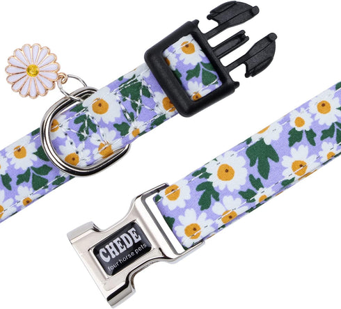 Cotton Dog Collar for Small Medium Large Dogs,Girl Dog Collar with Quick-Release Buckle,Flowers Soft Adjustable Pet Collar (Medium, Blue Daisy)...