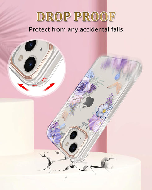 JIAXIUFEN Clear Case Compatible with iPhone 14 iPhone 13 Glitter Plating Flower Design Protective Shockproof Slim TPU Military Drop Protection Gir...