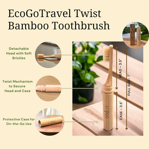 Bamboo Screwable Toothbrush Two-Piece Design | Soft, BPA-Free Bristles & Portable Case | Natural, Compact & Eco-Friendly | Ideal for Travel, Campi...