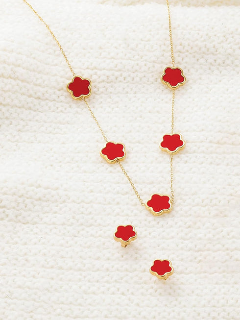 Four Leaf Clover Necklace and Stud Earrings Set for Women Lucky Flower 14K Gold Jewelry...