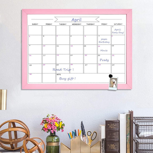 Dry Erase Monthly Calendar Board, Magnetic Whiteboard for Wall, Office/School/Home, Solid Wood Pink Frame Hanging Board 10.5"x 14.5"(YL-Pink-2737-...