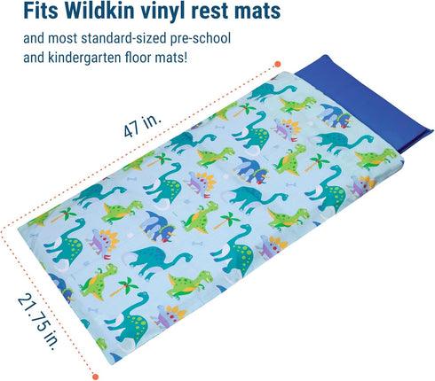 Wildkin Kids Cotton Nap Mat Cover – Soft, Sewn-in Flap, Durable & Fits 1.5" Vinyl Sleep Mats - Dinosaur Land...