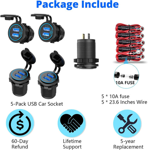 5 Pack Quick Charge 3.0 12V USB Outlet, Qidoe Waterproof QC3.0 Dual USB Power Outlet with Touch Switch Fast Car Charger Socket for 12V-24V Car Gol...
