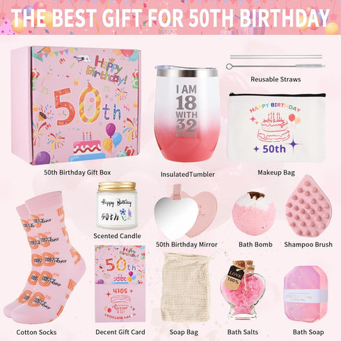 50th Birthday Gifts for Women,Her,Unique Gifts for Friends Female, Mom, Bestie, Sister, Wife, Relaxing Spa Gift Basket Set,Candles,Tumbler,Makeup ...
