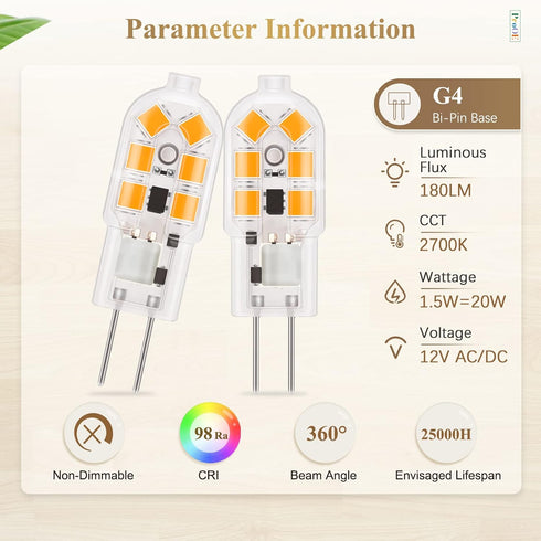 DiCUNO ProOE G4 LED Bulb 20W Equivalent 12V, 1.5W JC Bi-pin Base Light Bulbs, Warm White 2700K 180LM, Landscape Bulb Replacement, High CRI 98, Pac...