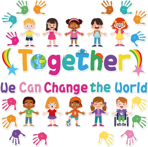 Together We Can Change The World Classroom Bulletin Board Set Hands with Hearts Diverse Children Cutouts for Kids and Teacher Party Favor Supplies...