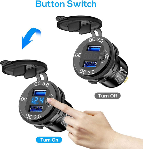 Linkstyle 2PCS 12V USB Outlet, 18W Quick Charge 3.0 Dual USB Power Outlet with ON/Off Switch & Blue LED Voltmeter for Car Boat...