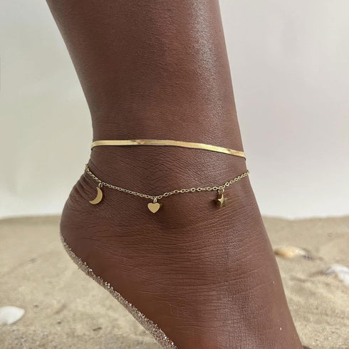 MengPa Women Dainty Anklet,Gold Plated Double Layered Summer Dainty Boho Beach Foot Chain (Star-Heart-Moon) US4618A...