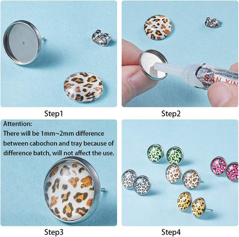 SUNNYCLUE 1 Box 130Pcs DIY 20 Pairs Leopard Stud Earrings Making Starter Kit 4 Color 12mm Flat Back Druzy Resin Cabochons & Blank Stud Bezel Earri...