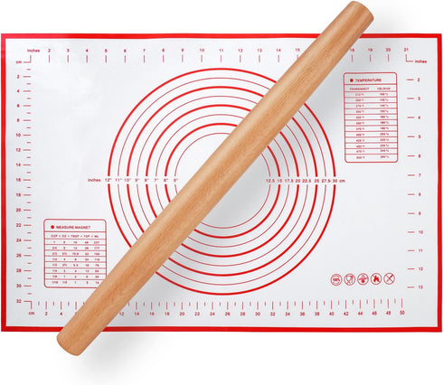 Wood French Rolling Pin for Baking, QUELLANCE Wooden Dough Roller with Silicone Baking Mat, Beech Wood Rolling Pins for Baking Dough, Pizza, Pie, ...