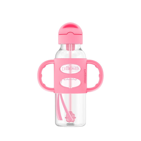 Dr. Brown's Milestones Narrow Sippy Straw Bottle, Spill-Proof with 100% Silicone Handles and Weighted Straw, 8 oz/250 mL, Gray & Pink, 6m+...