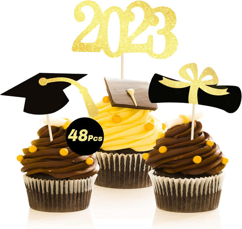 48 PCS Graduation Cupcake Toppers - 2023 Graduation Decoration, Glitter Class of 2023 Food Appetizer Picks, Graduation Theme Party Supplies Gold M...