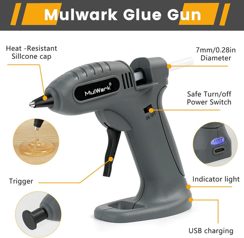 MULWARK Cordless Hot Melt Glue Gun, Rechargeable Fast Preheating Mini Glue Gun Kit with 30 Pc Premium Glue Sticks and Nozzle Cap, Wireless Hot Glu...