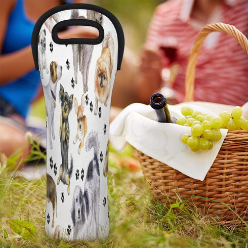 Pattern Animal Dog Wine Bag Neoprene Wine Tote Bags Leakproof Travel Wine Tote with Handle Reusable Cooler Bag for Camping Picnic Travel Wine Love...