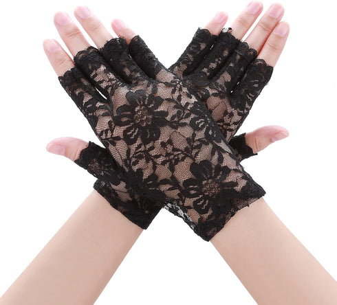 Sunblock Fingerless Gloves Bridal Lace Gloves Women Short Fingerless Floral Gloves Bridal Prom Gloves for Wedding Tea Party...