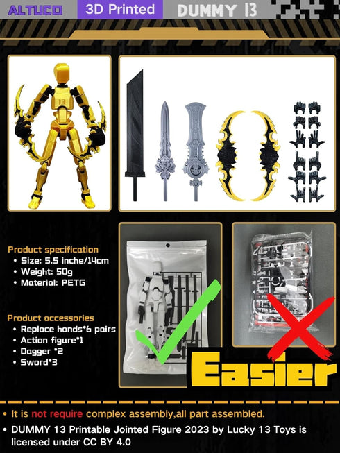 Pre Assembled Gold T13 Action Figure with Multiple Accessories,3D Printed Multi-Jointed Titan 13 Figure,Dummy 13 Desktop Decorative Toy...