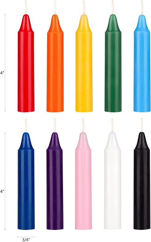 Mega Candles 10 pcs Unscented Assorted Color Exquisite Mini Taper Spell Candles, 4 Inch Tall x 3/4 Inch Diameter, Magic Chimes, Enchantment, Casti...