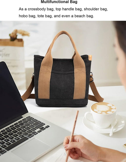 Handbag for Women Small Multi-Pockets, Canvas Mini Tote Shoulder Bags with Zipper, Satchel Hobo Bag for Travel Work...