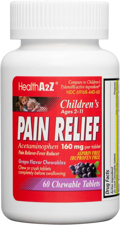 HealthA2Z® Children's Chewable Pain Relief | Acetaminophen 160mg | 60 Chewable Tablets | Grape Flavor Chewables | Aspirin & Ibuprofen Free...